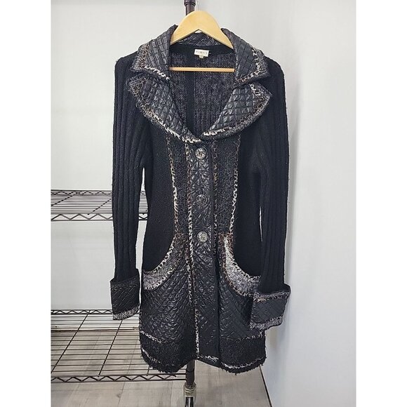 Sioni Cardigan Jacket Womens L Black Textured knit Wool Blend Artsy Leopard Boho - Picture 1 of 6